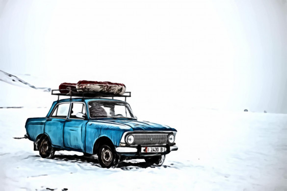Blue Sedan on Snow at Daytime