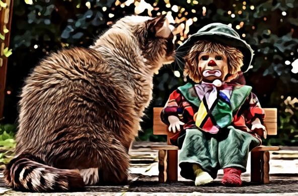 Cat Looking to Doll Sitting on Bench Miniature