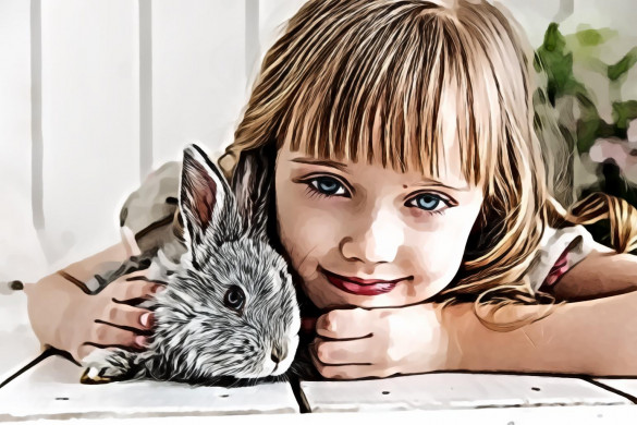 Girl Lying on White Surface Petting Gray Rabbit