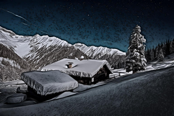 Ice Coated House Roofs Beside Green Pine Tree during Snow Night Time