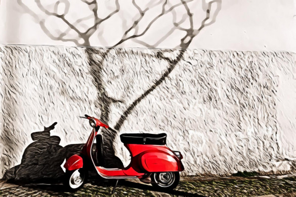 Red Motor Scooter Near Wall