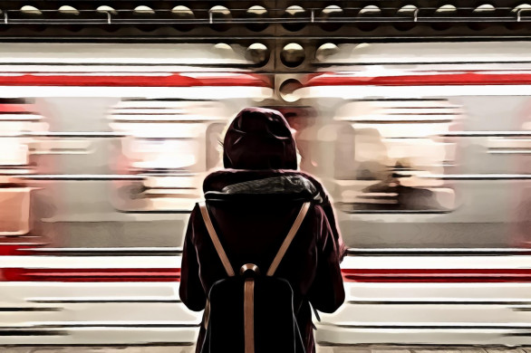 Standing Woman Facing a Speeding Train