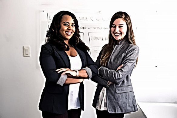 Two Smiling Women in Gray and Black Coat