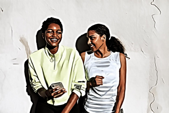 Two Women Leaning On Wall