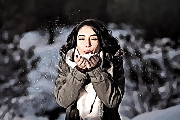 Woman Blowing Snow Outdoors