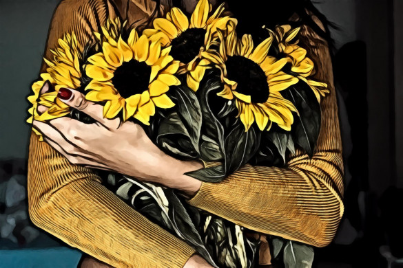 Woman Holding Bunch Of Sunflowers