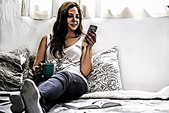 Woman Holding Cup Wearing Tank Top Sitting on Bed