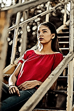 Woman in Red Blouse Sitting on Metal Staircase