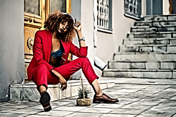 Woman Wearing Red Blazer and Pants Sitting on Marble Ground