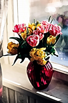 Pink and Yellow Petaled Flower on Red Glass Vase