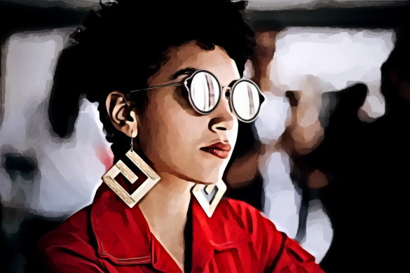Woman in Silver Framed Eyeglasses and Red Top