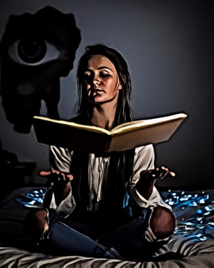 Woman Reading a Book Sitting on Mattress Near the Blue String Light Inside the Room
