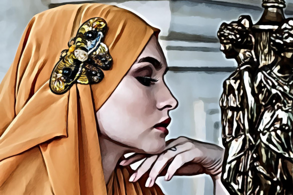 Close Up of Woman Wearing Orange Hijab Headdress