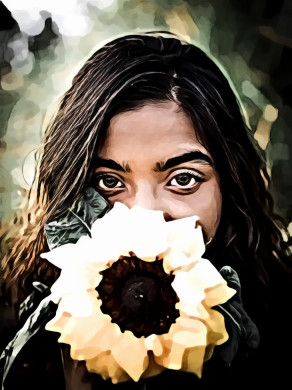 Close-up Portrait of Woman Holding Sunflower