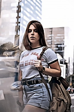 Standing Woman Holding Backpack Near Building