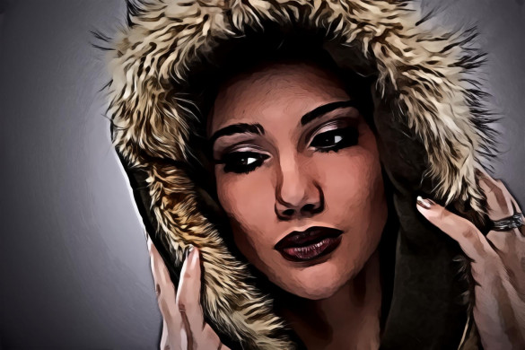 Woman on Black Mascara Red Lipstick Cover Her Face With Brown Fur Coat