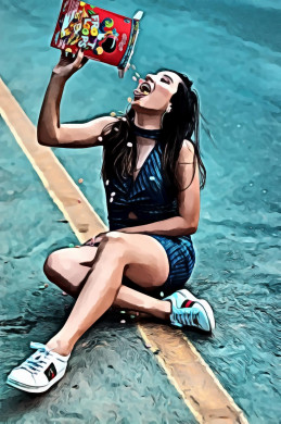 Woman Sitting on the Road Eating Froot Loops