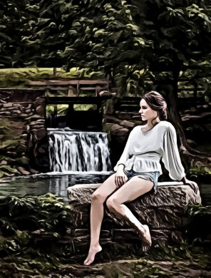 Woman Wearing White Long Sleeve Shirt Sitting Near Waterfalls