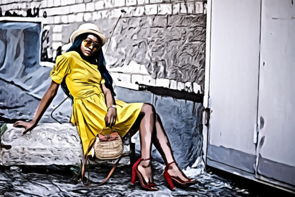 Woman Wearing Yellow Dress And Yellow Sunglasses Posing