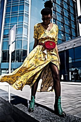 Woman Wearing Yellow Floral V-neck Long Dress and Pair of Green Wedge Sandals