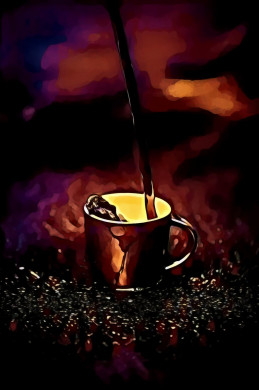 Brown Liquid Pouring on Black and White Ceramic Mug Selective Color Photography