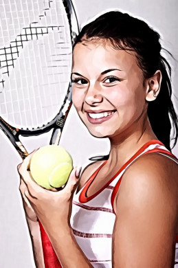 Girl in White and Orange Stripe Tank Top Holding Black Tennis Racket