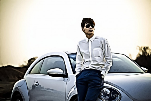 Man in White Button Down Shirt Leaning on Silver Beetle Car