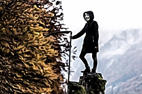 Person wearing guy fawkes mask while holding scythe