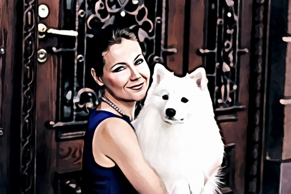Woman Carrying Adult White Indian Spitz