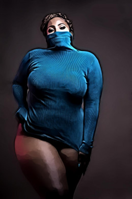 Woman in Blue Turtleneck Sweatshirt