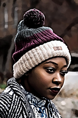 Woman Wearing Striped Bobble Hat