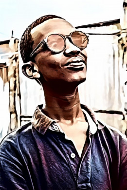 Bald black boy wearing round sunglasses