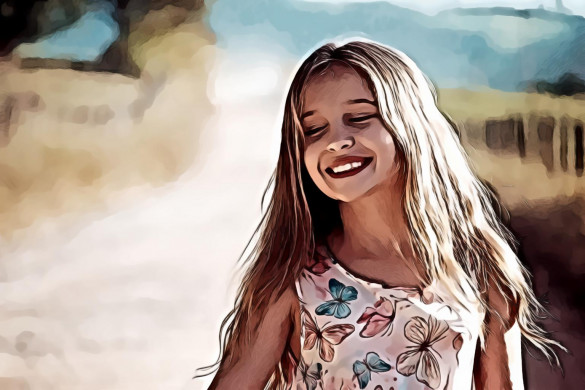 Girl wearing butterfly printed dress smiling