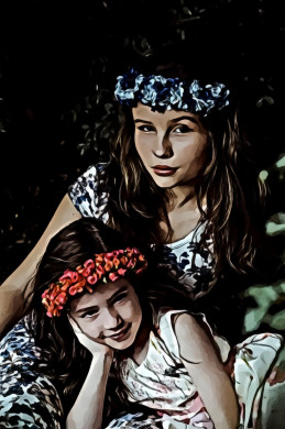 Girls wearing blue and red flower headbands