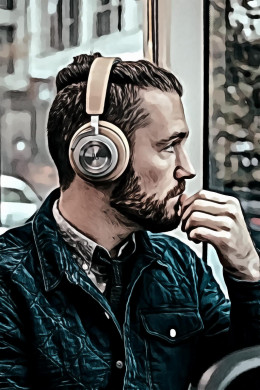 Man wearing beige headphones