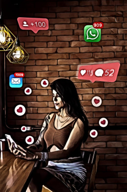 Sitting woman using smartphone with hearts and smartphone icons