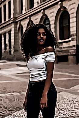 Smiling woman wearing white off shoulder shirt standing near building