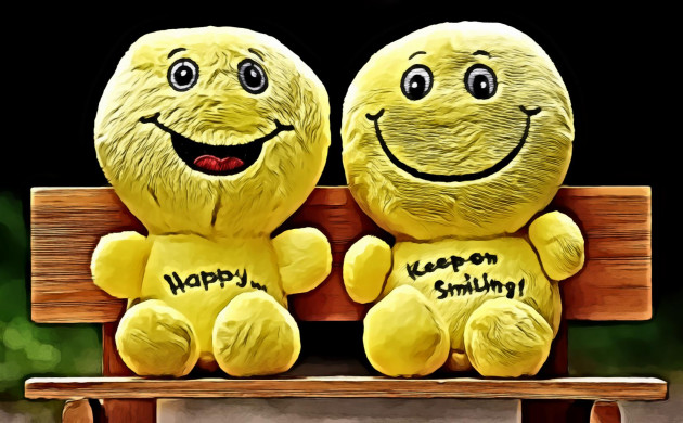 Two yellow plushtoy on brown bench