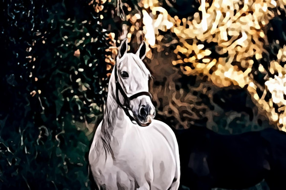 White horse near green leaves