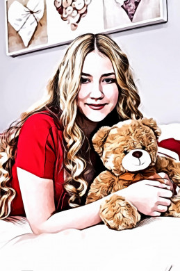 Woman holding bear plush toy