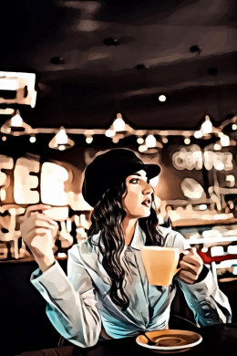 Woman holds hot beverage cup at the restaurant