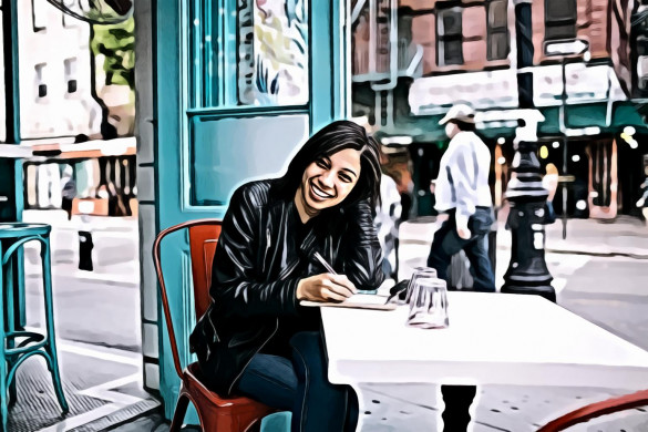 Woman in black leather jacket sitting on red chair