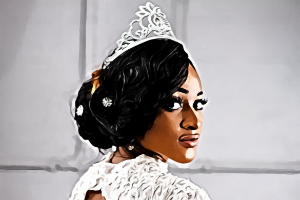 Woman in silver colored crown looking right side