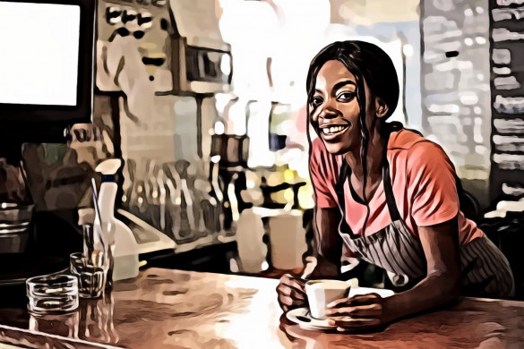 Woman leaning on counter holding cup of drink