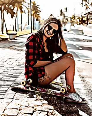 Woman sitting on pavement next to skateboard