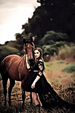 Woman wearing black dress beside horse