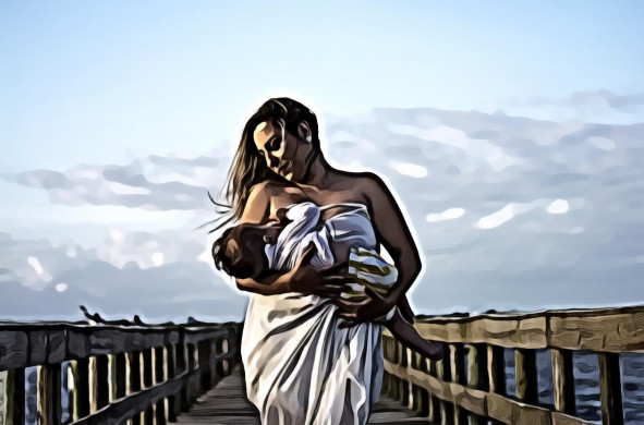 Woman wearing white dress carrying baby