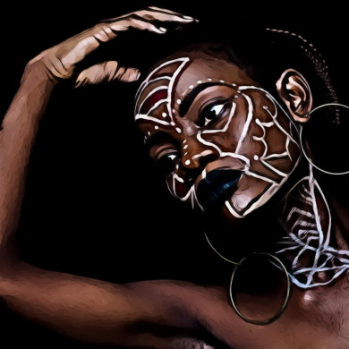 Woman with face paint wearing silver colored hoop earrings