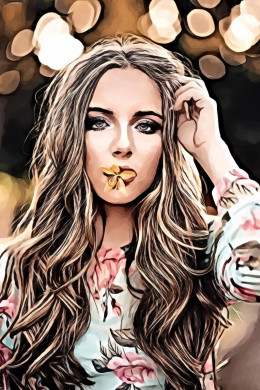 Woman with orange petaled flower on her lips