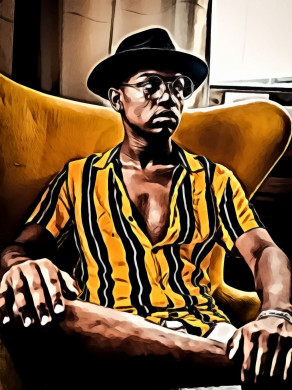 Man sitting on chair looking to his left